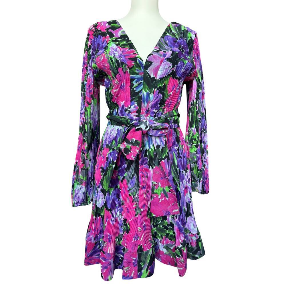 Milly Liv Belted Pleated Floral Motif Flare Hem Size 8 Wedding Guest Dress